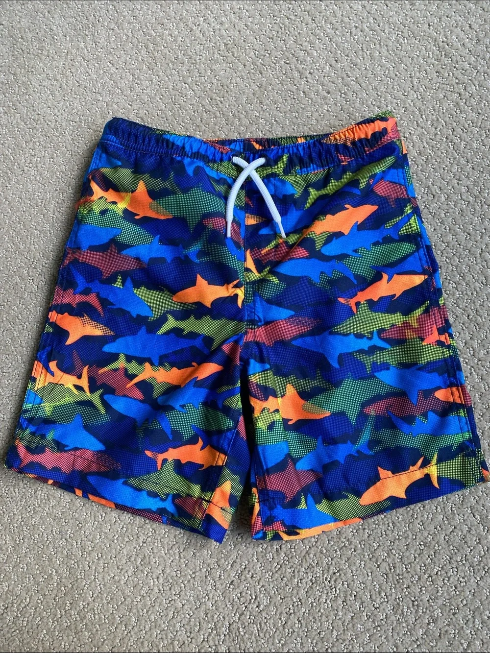 Lands' End Blue Shark-Pattern Swim Shorts with Orange & Green Accents